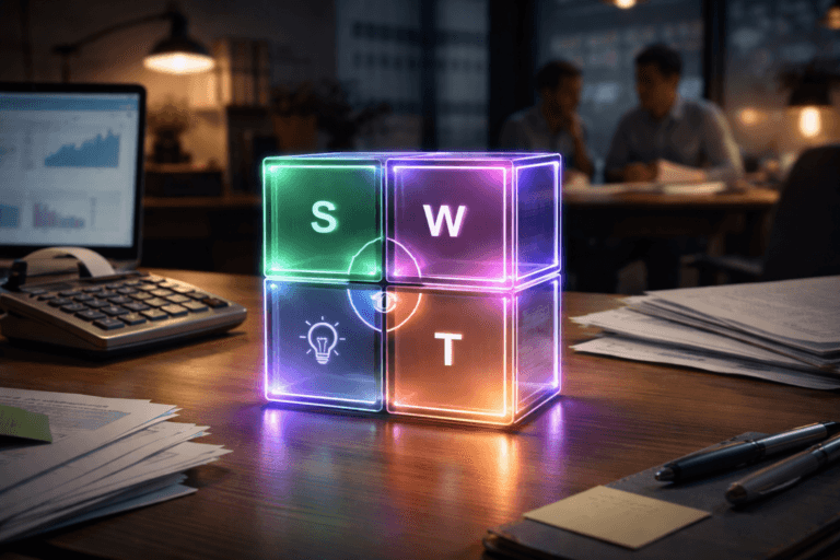 A photorealistic medium-wide cinematic shot, camera positioned approximately 1–2 meters from the subject, capturing a precision-crafted physical desk sculpture representing a SWOT matrix — four interlocking translucent glass-acrylic quadrants forming a compact geometric block on a wooden accounting desk, with subtle etched icons and clean color-coded segments, its edges softly illuminated with electric purple #7B63FF accents suggesting analytical intelligence — clearly readable within a realistic environment. The object integrates subtle electric-purple accents indicating intelligence or activity without overpowering realism. Set in a small Brazilian digital-services SME accounting office at night, on a lived-in accountant’s desk with a slightly worn vintage metal-bodied calculator, neatly stacked financial reports, a laptop showing soft data visualizations, scattered pens and sticky notes, and blurred shelves of folders and binders; in the background, a diverse pair of professionals in smart-casual attire confer quietly over documents at another workstation, softly out of focus. Lighting is low-key and practical, coming from the laptop screen, a warm desk lamp and faint city glow through a window, complemented by a soft integrated white spotlight from above and slightly to the side, gently revealing the form, glassy reflections, and fine texture of the SWOT sculpture, calculator and paperwork. Cinematic realism, natural depth of field, premium materials, ultra-detailed, 8K, subtle tech-noir atmosphere with neutral corporate tones and restrained electric-purple neon accents, no captions, no text overlays, no watermarks.