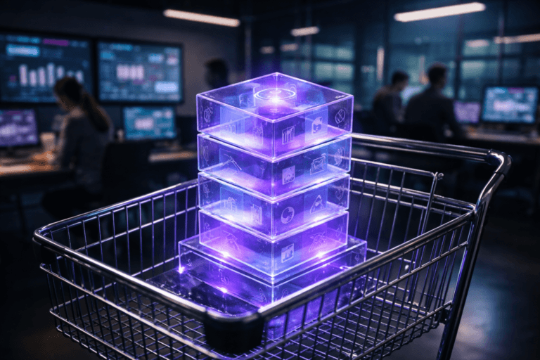 A photorealistic medium-wide cinematic shot, camera positioned approximately 1–2 meters from the subject, capturing a stylized physical sculpture representing Digital Marketing Maturity: a multi-layered transparent acrylic cube built from stacked isometric blocks, each glossy and semi-translucent with subtle engraved icon-like shapes for data, automation, strategy, campaigns, and people, placed prominently inside the basket of a chrome wire shopping cart as if it were a premium product on display, the acrylic edges and inner seams carrying faint electric-purple #7B63FF accents suggesting flowing data and intelligence, clearly readable within a realistic environment. The object integrates subtle electric-purple accents indicating intelligence or activity without overpowering realism. Set in a modern corporate “war room” at night, a tech-noir digital marketing command center with large wall-mounted BI dashboards and monitors glowing softly, glass walls, sleek desks and cables, and a diverse team of marketers in the background and periphery, candidly collaborating and looking at screens while remaining slightly out of focus so the sculpture and shopping cart stay as the clear hero. Lighting is low-key and practical, coming from monitor glow, a few desk lamps and overhead panels, complemented by a soft integrated white spotlight from above and slightly to the side, gently revealing form, texture and depth on the acrylic sculpture, chrome cart and polished floor, with subtle reflections and shadows. Cinematic realism, 35mm–50mm lens look, natural shallow-to-medium depth of field, neutral corporate tones with restrained electric purple and teal neon accents, premium materials, ultra-detailed, 8K, no captions, no text overlays, no legible on-screen text, no watermarks.