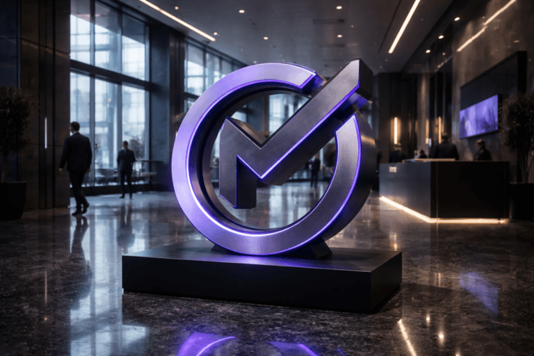 A photorealistic medium-wide cinematic shot, camera positioned approximately 1–2 meters from the subject, capturing a large freestanding 3D sculpture of the official Mautic logo in brushed dark metal with clean isometric geometry, subtle electric-purple (#7B63FF) LED edge inlays and softly backlit contours, mounted on a low matte-black pedestal, clearly readable within a realistic environment. The object integrates subtle electric-purple accents indicating intelligence and digital activity without overpowering realism, with faint animated reflections running along its edges. Set in a sleek corporate foyer with mirror-polished dark granite floor reflecting the logo, double-height glass walls, a reception desk and lounge seating, natural daylight streaming from tall windows and mixing with cool-toned architectural strip lights and the glow of nearby wall-mounted digital screens, creating a refined Tech-Noir atmosphere; a few diverse professionals in business attire move through the background in candid poses, slightly out of focus so they remain secondary to the logo. Lighting is low-key and practical from windows, screens and overhead fixtures, complemented by a soft integrated white spotlight from above and slightly to the side of the Mautic sculpture, gently revealing form, texture, and depth while casting realistic reflections on the granite floor. Cinematic realism, 50mm lens look, natural shallow-to-medium depth of field, premium materials, ultra-detailed, 8K, no text, no UI screenshots, no watermarks, no visible logos other than Mautic.