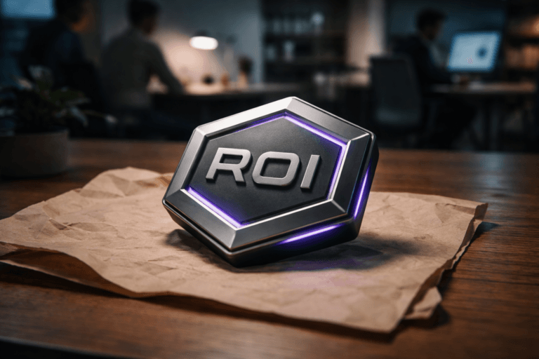 A photorealistic medium-wide cinematic shot, camera positioned approximately 1–2 meters from the subject, capturing a physical 3D isometric "ROI" brand emblem (real-world hero object) — precision-manufactured metal badge with matte enamel surfaces, beveled isometric facets, subtle embossed logotype on the face, and a narrow integrated LED inlay that shows restrained electric-purple accent (#7B63FF) to indicate activity; the badge is tactile, life-sized, and clearly readable at 1–2 m. The object integrates subtle electric-purple accents indicating intelligence or activity without overpowering realism. Set in a professional product-photography tabletop inside a modern design studio / corporate innovation lab: the badge rests on a partially crumpled kraft paper sheet laid over a warm oak table, with a shallow open-plan office visible in soft focus behind it (a desk lamp, laptop screen and shelving provide practical light sources). Include natural human presence in the background or periphery — two diverse professionals, candid posture, neutral expressions, deliberately out-of-focus to keep the badge primary. Lighting is low-key and practical, with a soft integrated white spotlight from above/side gently revealing form, texture and depth; subtle rim light and restrained purple reflections from the LED inlay on the metal surfaces (no floating or exaggerated glow). Composition: badge slightly off-center (rule of thirds), slight top-down angle (~15°), medium-wide framing, 35mm photographic look, shallow-to-medium depth of field (soft bokeh background), natural shadows and crisp specular highlights that emphasize brushed metal and enamel texture. Color palette: neutral corporate tones (warm kraft brown, oak wood, desaturated greys) with restrained electric purple #7B63FF accents and faint cool cyan from screens to preserve Tech‑Noir mood. Level of realism: photorealistic, premium materials, ultra-detailed, tactile fibers in kraft paper visible, realistic scale and weight. Camera params guidance: 35–50mm equivalent, f/2.8–4, cinematic grading, 1–2 m distance, medium-wide shot. Constraints: no text overlays, no captions, no watermarks, logo must be physically integrated on the badge (no floating logos), avoid stylized or surreal lighting effects — cinematic realism, natural depth of field, premium materials, ultra-detailed, 8K.