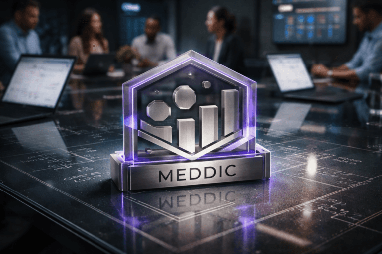 A photorealistic medium-wide cinematic shot, camera positioned approximately 1–2 meters from the subject, capturing a solid 3D isometric glass and brushed-metal sculpture of the official MEDDIC logo resting on a sleek glass meeting-table surface, the logo mark clearly visible and surrounded by subtle geometric engravings that suggest metrics, decision flows, and qualification stages, clearly readable within a realistic environment. The object integrates subtle electric-purple (#7B63FF) edge lighting and internal reflections indicating intelligence or activity without overpowering realism. Set in a modern tech-noir SaaS sales war room at night inside a contemporary Brazilian office, with a glass table covered in faint handwritten white marker mathematical formulas, funnel diagrams, and deal scores, multiple open laptops and monitors showing softly blurred CRM dashboards, and a diverse group of realistic sales professionals in business-casual attire slightly out of focus in the background, collaborating in a kickoff meeting around the MEDDIC setup. Lighting is low-key and practical, coming from laptop screens, a wall-mounted dashboard display, and a few overhead linear LED fixtures, complemented by a soft integrated white spotlight from above and slightly to the side, gently revealing the logo’s form, the glass surface, the marker strokes, and subtle reflections of electric purple across the table. Cinematic realism, natural shallow-to-medium depth of field, neutral corporate color palette with restrained electric-purple neon accents, premium materials, ultra-detailed, no captions, no text overlays apart from the realistic logo presence and UI hints, no watermarks, 8K.