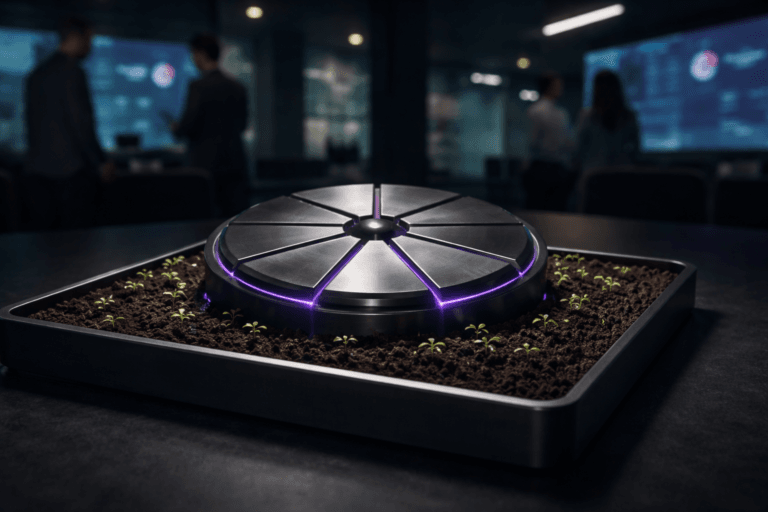 A photorealistic medium-wide cinematic shot, camera positioned approximately 1–2 meters from the subject, capturing a sleek physical hero object: a polished tabletop circular “control dial” sculpture made of brushed dark metal, divided into eight raised radial segments symbolizing the MEDDPICC sales framework, each segment subtly stepped to echo isometric 3D geometry, with thin electric-purple (#7B63FF) LED inlays tracing clean lines between the segments. The sculpture rests in the center of a shallow rectangular tray filled with rich, moist, dark fertile soil, from which tiny fresh green sprouts are emerging around the base, suggesting healthy growth and a well-qualified pipeline. The object integrates subtle electric-purple accents indicating intelligence or activity without overpowering realism. Set in a contemporary corporate innovation lab at night, the soil tray placed on a long matte-black conference table; behind it, glass walls reveal a moody city skyline with soft neon reflections, while a few large wall-mounted screens glow out of focus with abstract dashboard graphics. In the background and periphery, a small diverse group of professionals in business-casual attire are seen in soft focus, standing and discussing near the screens, their faces neutral and candid, secondary to the sculpture. Lighting is low-key and practical, coming from the screens, a few ceiling strip lights, and a soft integrated white spotlight from above and slightly to the side that gently reveals the form, texture of the metal, the soil, and the sprouts, casting controlled shadows and a subtle tech-noir atmosphere. Shot with a 35mm lens for a natural perspective, cinematic realism, natural shallow-to-medium depth of field, premium materials, ultra-detailed surfaces, neutral corporate tones with restrained electric-purple and muted teal accents, ultra-detailed, 8K, no text, no UI overlays, no watermarks.