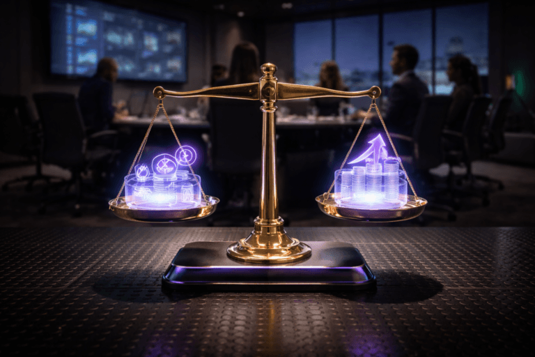 A photorealistic medium-wide cinematic shot, camera positioned approximately 1–2 meters from the subject, capturing a polished golden analog balance scale as the hero object, standing solidly on a black anti-slip coin-pattern rubber floor, each plate holding softly glowing translucent weights that clearly symbolize marketing investment and financial return within a refined corporate presentation setting. The object integrates subtle electric-purple (#7B63FF) accents along the edges of the scale and as a gentle inner glow inside the weights, indicating intelligence and analytical activity without overpowering realism. Set in a modern tech-noir boardroom at night, with the black rubber “piso moeda” floor extending into the space, a sleek dark conference table and ergonomic chairs in the mid-ground, and large wall-mounted screens in the background displaying out-of-focus dashboards, graphs and data visualizations (no legible text), while a diverse group of executives and a CMO are seen in soft focus, seated and listening, their posture natural and candid. Lighting is low-key and practical, coming from the cool glow of the screens, a faint city skyline beyond tinted glass, and a soft integrated white spotlight from above and slightly to the side of the scale, gently revealing the metallic texture, reflections, and depth of the balance and the subtle pattern of the rubber flooring. Cinematic realism, natural shallow-to-medium depth of field, neutral corporate color palette with restrained neon purple and teal accents, premium materials, ultra-detailed, 8K, no captions, no text overlays, no watermarks.