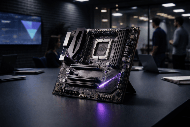 A photorealistic medium-wide cinematic shot, camera positioned approximately 1–2 meters from the subject, capturing a complex server-grade motherboard as the hero object, standing slightly angled on a sleek matte-black conference table, its refined copper traces and components clearly readable, subtle reflections on its metallic surfaces, photographed with a 35mm lens for a natural perspective. The motherboard subtly integrates electric-purple #7B63FF accents along select circuits and edges, suggesting intelligent data flow and strategic insight without feeling sci‑fi or overpowering realism. Set in a Tech-Noir startup war room inside a modern office: dark gray egg-crate acoustic foam panels covering the walls, large wall-mounted screens softly displaying blurred analytics dashboards and funnel charts, glass partitions hinting at adjacent meeting rooms, scattered laptops and notebooks on the table. In the background and periphery, a small diverse group of founders and a mentor stand and sit around the table in candid discussion, slightly out of focus, dressed in smart-casual startup attire, their body language focused on the motherboard and the screens as if aligning metrics and next steps. Lighting is low-key and practical, coming from overhead office panels, the glow of screens, and a soft integrated white spotlight from above and slightly to the side, gently revealing the form, texture, and depth of the motherboard and table while letting the room fall into moody shadows with cool blue-gray tones and restrained electric-purple reflections. Cinematic realism, natural shallow-to-medium depth of field, premium materials, ultra-detailed, 8K, no captions, no on-screen readable text, no watermarks.
