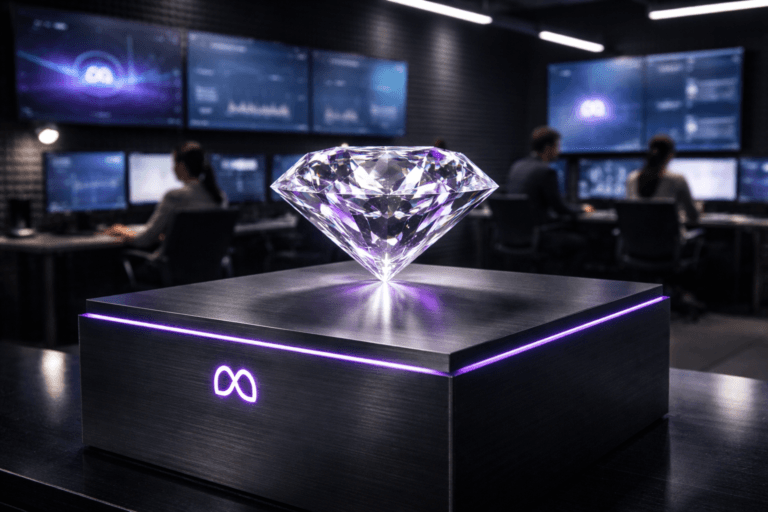 A photorealistic medium-wide cinematic shot, camera positioned approximately 1–2 meters from the subject, capturing a meticulously cut brilliant-shaped diamond, solid and highly reflective, presented in a refined way atop a low dark brushed-metal pedestal with a small subtle Meta logo elegantly engraved and softly backlit on the front edge, the diamond viewed from a slightly elevated three-quarter angle so its facets read clearly, with delicate electric-purple (#7B63FF) reflections glinting inside the stone and as a thin accent line along the pedestal edges to suggest intelligence and activity without overpowering realism. Set in a real-world tech-noir marketing command center lined with dark gray egg-crate acoustic foam panels, with a wall of large wall-mounted screens showing abstracted campaign dashboards, data flows, and performance graphs that subtly incorporate the Meta AI ecosystem, plus one side monitor where a compact Meta logo appears naturally within a UI corner. The space includes glass desks, premium office chairs, and high-end workstations, with a few diverse marketing professionals and data analysts in the background working at their screens, naturally posed, neutral expressions, softly blurred so the diamond remains the clear hero object. Lighting is low-key and practical, coming from the glow of the screens, faint LED strips, and a soft integrated white spotlight from above and slightly to the side, gently revealing the diamond’s facets, the acoustic foam texture, and premium materials with rich contrast and depth. Cinematic realism, natural shallow-to-medium depth of field, neutral corporate tones with restrained electric-purple neon accents, ultra-detailed, 8K, no captions, no text overlays, no watermarks.