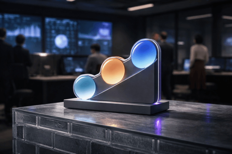A photorealistic medium-wide cinematic shot, camera positioned approximately 1–2 meters from the subject, capturing a solid 3D Metabase logo sculpture as the hero object — the official Metabase mark rendered in smooth glass and matte metal, subtly isometric in form, resting realistically on a low, translucent glass-brick surface like a modern desk or pedestal, the logo clearly visible and softly edge-lit with gentle electric-purple (#7B63FF) accents that suggest intelligent data activity without appearing neon or fantastical. The scene is set in a sleek, real-world tech-noir analytics office at night, with a dark, minimalist interior: large wall-mounted screens in the background displaying abstract, out-of-focus dashboards, a few diverse professionals in business-casual attire collaborating at workstations and standing near the screens, captured candidly and kept secondary in focus. Lighting is low-key and practical, coming from the screens, discrete ceiling fixtures, and a soft integrated white spotlight from above and slightly to the side of the Metabase logo, revealing the texture of the glass bricks and the premium materials of the sculpture, with subtle reflections on the floor and furniture; neutral corporate tones dominate (charcoal, graphite, soft grays) with restrained electric-purple accents in UI glows and edge lights. Shot on a 35mm–50mm full-frame lens with natural shallow-to-medium depth of field, cinematic realism, natural bokeh, premium materials, ultra-detailed, no captions, no text overlays, no watermarks, 8K.