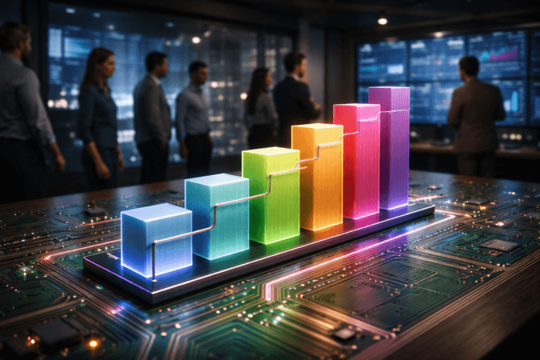 A photorealistic medium-wide cinematic shot, camera positioned approximately 1–2 meters from the subject, capturing a stylized physical desktop-sized sculpture representing SMART goals as a colorful, isometric-inspired 3D object: five solid, premium acrylic blocks in a clean ascending staircase, each block a different muted tone with subtle electric-purple #7B63FF edge lighting and fine engraved grid lines, interconnected by thin metallic rails like circuit traces, resting firmly on a glossy green printed circuit board surface. The giant PCB forms a realistic conference table scaled to human size, with detailed copper tracks, components, and soft electric-purple accent glows running through key pathways, suggesting data flow and intelligent monitoring. Set in a dimly lit corporate strategy war room at night inside a modern office, with glass walls, a distant city skyline hinted through windows, and a wall of large screens in the background showing abstract dashboards and charts with no legible text. A diverse group of realistic managers in business-casual clothing stand and sit around the PCB table in the background and periphery, slightly out of focus, engaged in quiet discussion and pointing toward the sculpture and screens, their faces neutrally focused and candid. Lighting is low-key and practical, coming from the screens, a few ceiling fixtures, and accent LEDs under the PCB table, complemented by a soft integrated white spotlight from above and slightly to the side that gently reveals the form, texture, and depth of the SMART sculpture and PCB surface. Cinematic photographic realism with subtle Tech-Noir influence, neutral corporate tones with restrained neon purple and teal accents, natural shallow-to-medium depth of field, premium materials, ultra-detailed, 8K, no captions, no text overlays, no watermarks.