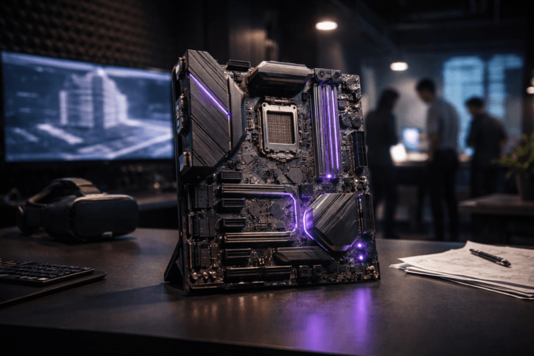 A photorealistic medium-wide cinematic shot, camera positioned approximately 1–2 meters from the subject, capturing a complex real-world motherboard standing at a slight angle on a sleek dark desk, its copper traces and high-end components clearly visible and sharply in focus, symbolizing the metaverse infrastructure that powers immersive architectural spaces within a realistic environment. The object integrates subtle electric-purple #7B63FF accents indicating intelligence or activity without overpowering realism. Set in a dim tech-noir architectural visualization studio, with a dark gray egg-crate acoustic-foam wall backdrop, softly glowing monitors showing blurred 3D building models, a VR headset and printed architectural plans on the desk, and a few diverse architects and engineers collaborating in the background, naturally out of focus. Lighting is low-key and practical, coming from the monitor glow and a few overhead fixtures, complemented by a soft integrated white spotlight from above and slightly to the side, gently revealing form, texture, and depth on the motherboard and desk surface. Cinematic realism, shot on a 35mm lens, natural shallow-to-medium depth of field, neutral corporate color palette with restrained neon purple reflections, premium materials, ultra-detailed, 8K, no text, no captions, no watermarks.