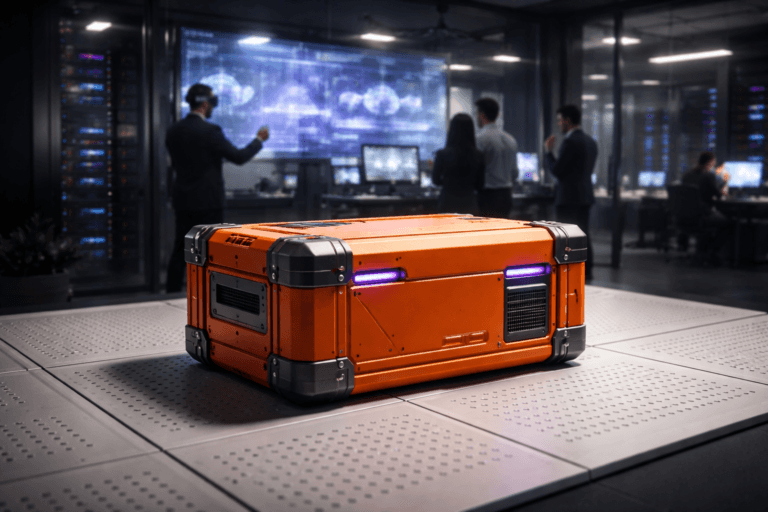 A photorealistic medium-wide cinematic shot, camera positioned approximately 1–2 meters from the subject, capturing a rugged, stylized bright-orange aircraft-style black box data recorder as the hero object — a compact, indestructible, sealed device about the size of a carry-on suitcase, with reinforced metal edges, subtle vents, and a few precise electric-purple (#7B63FF) indicator lines and status LEDs suggesting AI-driven intelligence and corporate metaverse analytics activity, all clearly readable within a realistic environment. The object rests solidly on pristine white perforated raised technical floor panels used for cooling in enterprise data centers, its matte surface and chamfered edges catching soft highlights. Set in a sophisticated Tech-Noir corporate XR operations room: in the background, through shallow-to-medium depth of field, a modern control space with glass partitions, tall dark server racks, and a large wall of slightly out-of-focus holographic-style 3D dashboards and digital twin factory visuals glowing in cool blues and purples. A small group of diverse professionals in business-casual attire appears in the periphery and background, one executive wearing a sleek corporate VR/AR headset and gesturing toward floating 3D diagrams, others at workstations with multiple screens, all candid and natural, clearly secondary to the black box. Lighting is low-key and practical, mixing the cool ambient glow of screens and indicator lights with a soft integrated white spotlight from above and slightly to the side, gently revealing the form, texture, and rugged detailing of the orange box and the perforated floor, with subtle reflections on nearby surfaces. The color palette leans toward neutral corporate grays, deep charcoals, and cool blues, with restrained electric-purple accents from the device and UI glows to convey a Tech-Noir, AI-enhanced corporate metaverse atmosphere without overpowering realism. Cinematic realism, natural depth of field, premium materials, ultra-detailed, 8K, no captions, no on-screen text, no logos, no watermarks.