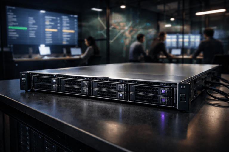 A photorealistic medium-wide cinematic shot, camera positioned approximately 1–2 meters from the subject, capturing a sleek 1U rack server partially slid out from a black server cabinet on a polished workstation, its front panel of drive bays and gently blinking status lights clearly readable within a modern Agile tech war-room environment. The object integrates subtle electric-purple (#7B63FF) accents in a few of the indicator LEDs and faint reflections along its metal edges, indicating intelligence or activity without overpowering realism. Set in a dimly lit, glass-walled office at night with a transparent floor panel and wall décor subtly revealing an oversized green circuit-board pattern with copper-like traces glowing softly, large wall-mounted screens showing abstract data-flow visuals and Kanban-style columns without any legible text, and a diverse group of professionals in the background and periphery collaborating around a digital task board and open laptops, slightly out of focus. Lighting is low-key and practical, coming from screens, a few overhead fixtures, and desk lamps, complemented by a soft integrated white spotlight from above and slightly to the side of the server, gently revealing its brushed metal texture, vents, and cabling while letting the background recede into a soft blur. Cinematic realism with a 35mm photographic look, natural shallow-to-medium depth of field, premium materials, ultra-detailed, 8K, no captions, no text overlays, no watermarks.
