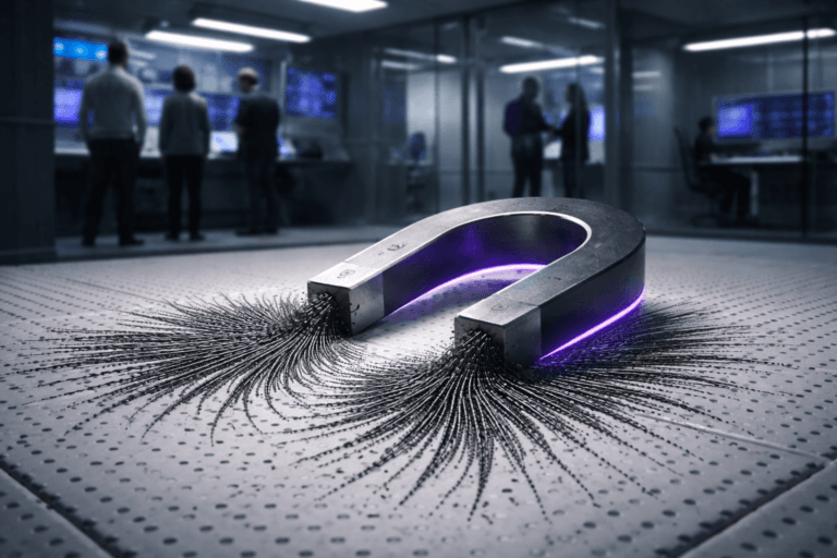 A photorealistic medium-wide cinematic shot, camera positioned approximately 1–2 meters from the subject, capturing a real metallic horseshoe magnet placed on a white raised technical floor with perforated cooling tiles, attracting scattered iron filings into crisp magnetic field lines that form an organized, directional pattern, the magnet featuring a subtle electric-purple (#7B63FF) accent along its inner curve and faint purple glints reflected in the filings, clearly readable within a realistic environment. The object integrates subtle electric-purple accents indicating intelligence or activity without overpowering realism. Set in a futuristic yet believable tech-noir AI operations room with a white perforated raised floor, glass partitions, and large wall-mounted dashboards and data visualizations glowing in cool blues and purples in the background, with a small diverse group of realistic data and AI professionals in smart-casual attire standing and conversing around an interactive screen, slightly out of focus and secondary to the magnet. Lighting is low-key and practical, coming from ceiling panels, floor-level LEDs and the glow of dashboard screens, complemented by a soft integrated white spotlight from above and slightly to the side, gently revealing the form, texture and depth of the magnet, filings and floor. Cinematic realism, 35mm lens look, natural shallow-to-medium depth of field, premium materials, subtle reflections, ultra-detailed, 8K, neutral corporate color palette with restrained neon purple accents, no captions, no text overlays, no watermarks.
