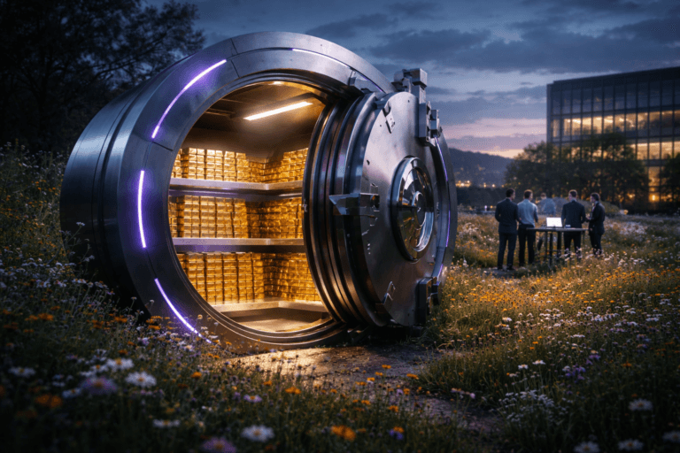 A photorealistic medium-wide cinematic shot, camera positioned approximately 1–2 meters from the subject, capturing a large circular bank vault door standing in a real flower meadow, slightly open to reveal meticulously stacked gold bars inside, the vault built in sleek contemporary brushed steel with precise mechanical details, acting as the hero object symbolizing secured digital value, stable delivery and high-quality agile outcomes, clearly readable within a realistic environment. The object integrates subtle electric-purple #7B63FF accent lights along the vault’s rim and as thin LED lines between some of the gold stacks, indicating intelligent, automated workflows and active monitoring without overpowering realism. Set in a gently sloping real-world field of colorful wildflowers at dusk on the edge of a modern technology campus, with a distant glass-front office building and soft tech-noir city glow on the horizon; in the background, a small, diverse group of software engineers and QA professionals stand near a slim portable workstation table with open laptops and a tablet, their screens emitting a cool glow that hints at kanban boards and test dashboards but shows no readable text, all slightly out of focus so the vault remains the clear focal point. Lighting is low-key and practical, combining cool ambient blue from the evening sky, warm golden light spilling from inside the vault, subtle reflections from the laptop screens, and a soft integrated white spotlight from the upper side to gently sculpt the vault, gold bars and nearby flowers, revealing form, texture and depth. Cinematic realism, natural shallow-to-medium depth of field, premium materials, ultra-detailed, 8K, neutral corporate tones with cool blues and grays, restrained electric-purple accents, subtle tech-noir atmosphere, no captions, no text overlays, no watermarks.