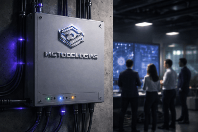 A photorealistic medium-wide cinematic shot, camera positioned approximately 1–2 meters from the subject, capturing a solid industrial gray electrical distribution box as the hero object, mounted on a concrete wall, with the official “Metodologias” logo rendered as a sleek 3D isometric metallic emblem emerging from the top edge and embossed on the front panel, clearly readable and physically integrated into the box. Discreet LED indicators and cable ports suggest it is the central hub connecting multiple software systems and AI automations, with subtle electric-purple (#7B63FF) accent lights tracing along cable conduits and around the logo to indicate intelligence and activity without overpowering realism. Set in a modern tech-noir “war room” operations space inside a contemporary office: dimly lit control environment with exposed conduits, a few wall-mounted ultra-wide dashboards showing abstract system graphs and node maps (no readable text), and distant glass partitions hinting at the rest of the workspace. In the background, slightly out of focus, a diverse group of 3–4 professionals in smart-casual attire stands and gestures around the dashboards, candidly collaborating and monitoring the product’s real-time status, while the Metodologias control box remains the clear foreground focal point. Lighting is low-key and practical, coming from the glow of the dashboards, a few overhead industrial fixtures, and a soft integrated white spotlight from above and slightly to the side of the electrical box, gently revealing the logo’s depth, brushed metal texture, and the box’s matte surface. Color palette of neutral grays, deep charcoals, and muted blues, with restrained neon electric-purple accents woven through reflections, UI glows, and cable highlights. Cinematic realism, 35mm–50mm photographic look, natural shallow-to-medium depth of field, premium materials, ultra-detailed, 8K, no captions, no text overlays, no watermarks.