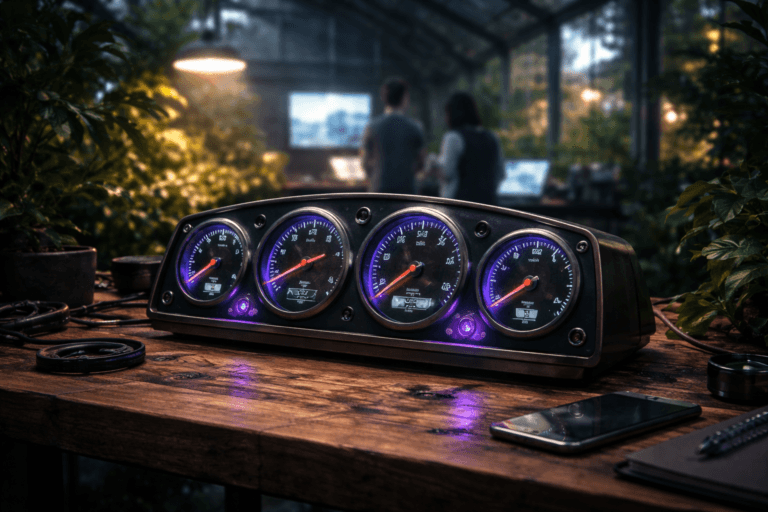 A photorealistic medium-wide cinematic shot, camera positioned approximately 1–2 meters from the subject, capturing a vintage-inspired analog multi-dial speedometer cluster as the hero object — a desk-sized instrument in brushed dark metal with multiple circular gauges, each with a distinct colored needle pointing to different values, glass faces catching reflections, subtle electric-purple #7B63FF backlighting around key indicator arcs — resting on a rustic wooden greenhouse workbench scattered with small tech accessories and cables, clearly readable within a realistic environment. The object integrates subtle electric-purple accents indicating intelligence or activity without overpowering realism. Set in a nighttime greenhouse converted into a tech-noir marketing workspace, with the rustic wooden potting bench used as a workstation, surrounded by lush green plants and misted leaves, distant city lights and reflections visible through fogged glass walls, and a couple of softly blurred, diverse professionals in smart-casual attire in the background consulting a large wall-mounted screen and a laptop whose glow spills through the foliage. Lighting is low-key and practical, coming from overhead greenhouse lamps, device indicator lights, and screen glow, complemented by a soft integrated white spotlight from above and slightly to the side, gently revealing the form, texture, and depth of the gauges, metal casing, and wood grain. Cinematic realism, 35mm lens look, natural shallow-to-medium depth of field, neutral corporate tones with restrained neon accents, premium materials, ultra-detailed, 8K, no text, no captions, no watermarks.