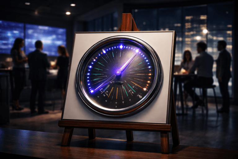 A photorealistic medium-wide cinematic shot, camera positioned approximately 1–2 meters from the subject, capturing a large vintage-inspired analog gauge with multiple colored needles, precision metal bezel and glass cover, mounted at the center of a clean white panel resting on a refined wooden easel, the hero object reading clearly as a “marketing metrics control panel” in the scene, with one primary needle and subtle accent markings glowing softly in electric purple #7B63FF to suggest intelligent, real-time analytics without any visible text or numbers. The object integrates subtle electric-purple accents indicating intelligence or activity without overpowering realism. Set in a sophisticated Tech-Noir corporate “marketing war room” environment: a dimly lit modern office with glass walls, wall-mounted ultrawide screens showing abstracted data visualizations (no readable text), and a distant night-time city skyline with soft neon reflections, with a small group of diverse marketing professionals in the background and periphery, standing or seated around a high table, discussing quietly and glancing at the screens, slightly out of focus to keep the gauge-and-easel ensemble as the main focal point. Lighting is low-key and practical, coming from the glow of the dashboards, a few recessed ceiling fixtures, and a soft integrated white spotlight from above and slightly to the side gently revealing the form, brushed metal texture and reflections on the glass of the gauge, as well as the grain of the wooden easel, with natural shallow-to-medium depth of field, cinematic realism, neutral corporate tones with restrained neon purple accents, premium materials, ultra-detailed, 8K, no captions, no on-screen text, no watermarks.