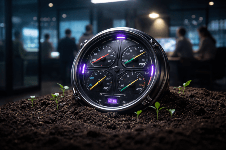 A photorealistic medium-wide cinematic shot, camera positioned approximately 1–2 meters from the subject, capturing a large vintage analog multi-needle cockpit-style gauge resting upright on a low bed of rich dark soil, with several small green sprouts emerging around its base, the polished metal casing and colored needles clearly readable as the central hero object within a realistic environment. The object integrates subtle electric-purple accents indicating intelligence or activity without overpowering realism. Set in a dim, modern corporate “war room” office at night, with glass walls, blurred figures of diverse professionals in business attire collaborating around softly glowing data screens and a distant city skyline, the ambient light from monitors and windows casting a cool tech-noir glow that reflects off the gauge and the soil, with the earthy installation clearly separated in the foreground. Lighting is low-key and practical, coming from desk lamps, wall screens, and window glow, complemented by a soft integrated white spotlight from above and slightly to the side, gently revealing the gauge face, soil texture, and delicate sprouts while allowing the background to fall into a moody blur. Cinematic realism, natural depth of field, premium materials, ultra-detailed, 8K, neutral corporate color palette with restrained neon electric-purple #7B63FF accents, no captions, no text overlays, no watermarks.