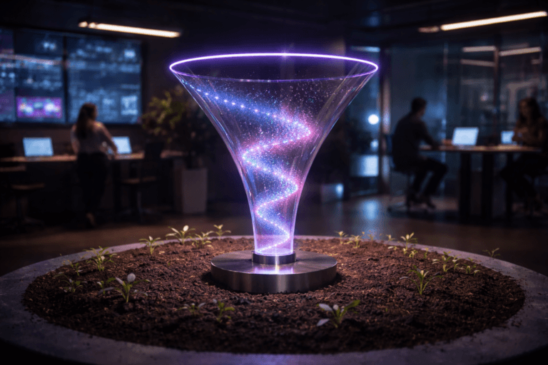 A photorealistic medium-wide cinematic shot, camera positioned approximately 1–2 meters from the subject, capturing a waist-high translucent glass funnel sculpture on a brushed metal base, filled with softly glowing multicolored particles flowing downward in a gentle spiral to suggest data moving through stages, resting on a shallow circular bed of rich, dark fertile soil with tiny fresh green sprouts emerging around its base, all clearly readable within a realistic environment. The object integrates subtle electric-purple #7B63FF accents indicating intelligence or activity without overpowering realism, with a thin halo of purple light tracing the rim of the funnel and faint pulses along the spiral of particles. Set in a dimly lit modern analytics war-room at night, a sleek open-plan tech office where the soil island and glass funnel sit in the center of the space like a living data installation, surrounded in the background by large wall-mounted dashboards on ultrawide screens, glass walls with soft neon reflections, and a few diverse professionals in smart-casual attire collaborating around standing desks and laptops, slightly out of focus. Lighting is low-key and practical, coming from the glow of the dashboards, desk lamps, and a few overhead linear LEDs, complemented by a soft integrated white spotlight from above that gently highlights the glass funnel, the texture of the soil, and the delicate sprouts, revealing form, texture, and depth while preserving a subtle Tech-Noir mood. Cinematic realism, natural depth of field, 35mm lens look, premium materials, ultra-detailed, 8K, no text, no watermarks.