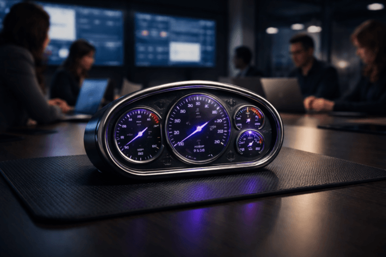 A photorealistic medium-wide cinematic shot, camera positioned approximately 1–2 meters from the subject, capturing a vintage analog speedometer cluster with multiple color‑coded needles, precision metal bezel and glass face, resting solidly on a black non-slip rubber coin-textured desk mat at the center of a sleek marketing war-room conference table, clearly readable within a realistic environment. The object integrates subtle electric-purple #7B63FF glow accents along the gauge markings and needle tips, suggesting unified live data intelligence and activity without overpowering realism. Set in a dimly lit tech-noir corporate control room during a Black Friday campaign, with large wall-mounted screens in the background softly displaying blurred analytics dashboards and charts, and a diverse group of marketing, product and data professionals around the table working on laptops and tablets, their figures and faces slightly out of focus at the edges of the frame. Lighting is low-key and practical from overhead panels, laptops and wall displays, complemented by a soft integrated white spotlight from above and slightly to the side that gently reveals the gauge’s metal, glass and rubber textures, casting subtle reflections on the tabletop and floor. Cinematic realism, 35mm lens look, natural shallow-to-medium depth of field, neutral corporate palette with restrained neon electric-purple accents, premium materials, ultra-detailed, 8K, no text, no captions, no watermarks.