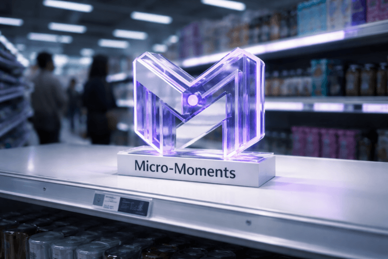 A photorealistic medium-wide cinematic shot, camera positioned approximately 1–2 meters from the subject, capturing a glossy physical 3D acrylic Micro-Moments logo sculpture with clean isometric-inspired facets, standing on a pristine white supermarket gondola shelf with a small digital price label in front, the logo clearly readable within a realistic environment. The object integrates subtle electric-purple (#7B63FF) accents indicating intelligence or activity without overpowering realism. Set in a sleek late-night supermarket aisle with white retail shelving and softly glowing price strips, cool bluish ambient light from overhead LED panels and shelf lighting, and restrained electric-purple reflections on nearby products and metal surfaces, with a few diverse shoppers softly out of focus in the background or periphery. Lighting is low-key and practical, complemented by a soft integrated white spotlight from above and slightly to the side, gently revealing form, texture, and depth on the Micro-Moments logo sculpture and the shelf edge. Cinematic realism, natural shallow-to-medium depth of field, 35mm lens look, premium materials, ultra-detailed, 8K, no text overlays, no UI elements, no watermarks.