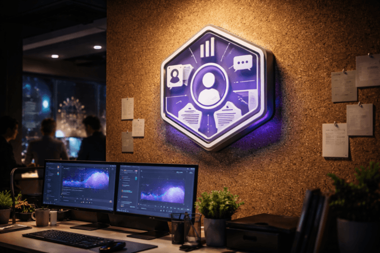A photorealistic medium-wide cinematic shot, camera positioned approximately 1–2 meters from the subject, capturing a physical 3D acrylic logo of the “Microinfluenciadores” platform, designed as an isometric emblem mounted on a natural cork wall above a sleek workstation, with subtle embedded shapes hinting at data dashboards, charts and creator profile avatars, clearly readable within a realistic environment. The object integrates subtle electric-purple #7B63FF accents along its edges and in small indicator lights, suggesting intelligence and activity without overpowering realism. Set in a dimly lit Brazilian e-commerce marketing war room, with dual ultrawide monitors on the desk displaying abstract, unreadable analytics dashboards, a textured cork wall used as an idea board with neutral pinned notes and photos, hints of a nighttime city skyline and neon reflections through a side window, and a few diverse marketing professionals collaborating in the softly blurred background or periphery. Lighting is low-key and practical, coming from the monitors, a desk lamp and distant office fixtures, complemented by a soft integrated white spotlight from above and slightly to the side, gently revealing form, texture and depth on the logo, cork wall and desk surfaces. Cinematic realism, 35mm lens look, natural shallow-to-medium depth of field, premium materials, ultra-detailed, 8K, no captions, no text overlays, no watermarks.