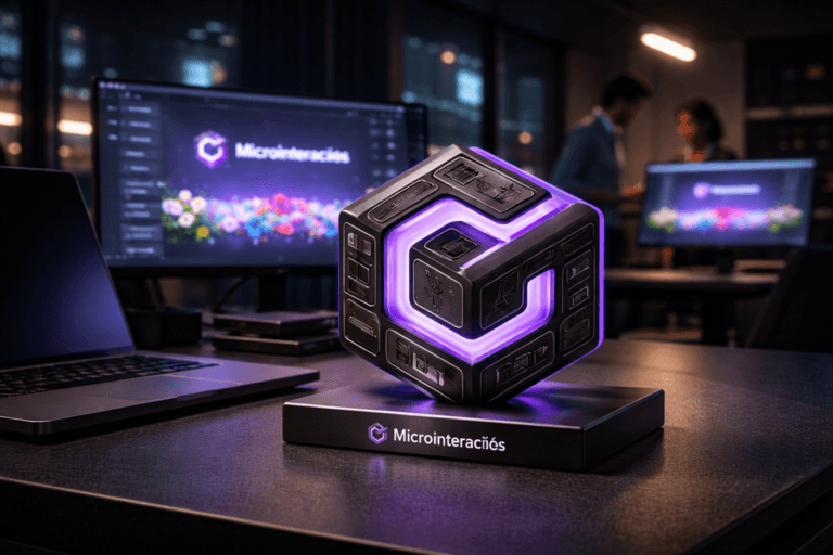 A photorealistic medium-wide cinematic shot, camera positioned approximately 1–2 meters from the subject, capturing a tangible 3D isometric desk sculpture of the “Microinterações” brand logo as the hero object, crafted from matte dark metal with glossy premium edges and subtle electric-purple (#7B63FF) rim lighting, its facets engraved with tiny icons of buttons, toggles, sliders, and progress bars, resting on a clean dark workstation beside a sleek laptop and an ultrawide monitor where the Microinterações logo appears realistically within the interface. The object integrates subtle electric-purple accents indicating intelligence or activity without overpowering realism. Set in a contemporary UX/UI design studio at night with a Tech-Noir mood, large screens in the background displaying a colorful stylized low-poly flower field interface that feels like a blooming dashboard of microinteractions, soft reflections of distant neon city lights coming through a window, and one or two diverse UX designers in the background in natural candid poses, softly out of focus as they collaborate around another screen. Lighting is low-key and practical, coming from monitors, a desk lamp, and faint city glow, complemented by a soft integrated white spotlight from above and slightly to the side of the logo sculpture, gently revealing form, texture, and depth on the materials and engraving. Cinematic realism, 35mm lens look, natural shallow-to-medium depth of field with the hero object perfectly sharp and background subtly blurred, neutral corporate tones with restrained electric-purple neon accents, premium materials, ultra-detailed, 8K, no captions, no extraneous text overlays, no watermarks.