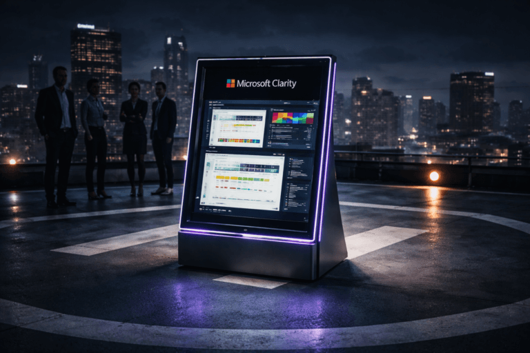 A photorealistic medium-wide cinematic shot, camera positioned approximately 1–2 meters from the subject, capturing a sleek, tangible Microsoft Clarity analytics console placed at the center of a rooftop helipad: a premium glass-and-aluminum tabletop device with a large vertical display showing colorful website heatmaps and behavior analytics, with the official Microsoft Clarity logo clearly visible on the screen, clearly readable within a realistic environment. The object integrates subtle electric-purple (#7B63FF) accents along its edges and within the UI, indicating intelligence or activity without overpowering realism. Set in a real rooftop helipad on top of a high-rise at night, marked with a large painted “H” on the concrete, surrounded by subtle safety lights and a panoramic futuristic city skyline under a moody tech-noir sky, cool ambient light and distant neon signs casting soft reflections on the slightly wet concrete, with a few diverse professionals in business-casual attire standing near the edges and loosely gathered behind the console, casually observing the screen while remaining clearly secondary to the device. Lighting is low-key and practical, coming from helipad lights and the glowing screen, complemented by a soft integrated white spotlight from above and slightly to the side, gently revealing form, texture, and depth. Cinematic realism, 35mm lens look, natural shallow-to-medium depth of field, neutral corporate tones with restrained electric-purple accents, premium materials, ultra-detailed, 8K, no captions, no text overlays, no watermarks.