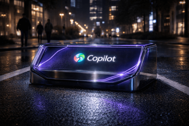 A photorealistic medium-wide cinematic shot, camera positioned approximately 1–2 meters from the subject, capturing a sleek real-world glass-and-metal interactive console representing Microsoft Copilot as a physical “AI control panel” sculpture, firmly placed on dark wet asphalt with realistic white road markings, the official Microsoft Copilot logo mark clearly visible and softly illuminated on the main surface, with subtle electric-purple #7B63FF light traces running along its edges to suggest intelligence and data flow, clearly readable within a realistic environment. The object integrates subtle electric-purple accents indicating intelligence or activity without overpowering realism. Set in a nighttime corporate downtown street with dark rain-slick asphalt, crisp white lane markings, soft reflections from nearby office towers, windows, and discreet digital billboards creating a refined Tech-Noir ambiance, with a few diverse business professionals in suits and smart-casual attire walking or conversing in the mid- to far background, slightly blurred and out of focus so they remain secondary to the console. Lighting is low-key and practical, coming from streetlights, nearby building windows, and the glow of the console itself, complemented by a soft integrated white spotlight from above or from the side, gently revealing the form, texture, and depth of the device and the asphalt surface. Cinematic realism, natural shallow-to-medium depth of field, premium materials, ultra-detailed, 8K, neutral corporate color palette with restrained electric-purple #7B63FF neon accents, no captions, no UI text overlays, no watermarks.