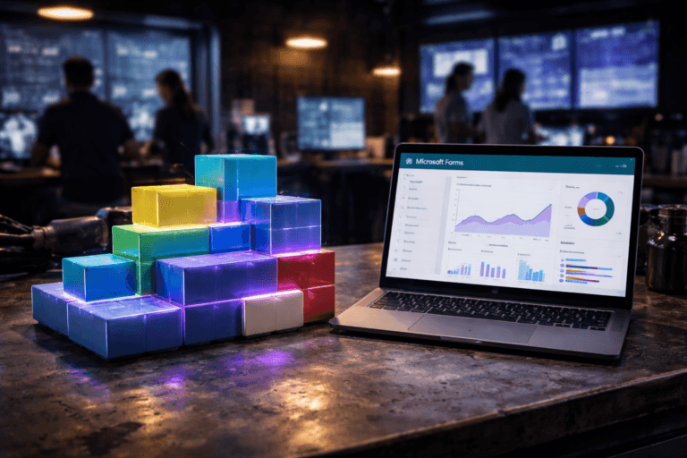 A photorealistic medium-wide cinematic shot, camera positioned approximately 1–2 meters from the subject, capturing a set of glossy, colorful modular construction blocks that interlock perfectly into a clean, contemporary structure on a slightly oil-stained mechanic’s workbench, the blocks arranged in tidy tiers to suggest organized data flows, beside a sleek laptop displaying a Microsoft Forms campaign dashboard with the official Microsoft Forms logo clearly visible on the screen, all clearly readable within a realistic environment. The object integrates subtle electric-purple (#7B63FF) accents as thin glowing edges and soft internal reflections within some of the blocks, hinting at intelligent automation and live data activity without overpowering realism. Set in a dark, industrial-style tech-noir digital marketing war room that feels like a high-tech garage, with the worn mechanic’s bench repurposed as a central operations table, surrounded by softly glowing monitors and LED strips, faint city lights visible through a distant window, and a diverse group of marketing professionals in smart-casual attire collaborating and pointing at dashboards in the background, slightly out of focus and secondary to the hero object. Lighting is low-key and practical, coming from the laptop screen, wall-mounted displays, and a few overhead fixtures, complemented by a soft integrated white spotlight from above and slightly to the side, gently revealing the texture of the metal workbench, the sheen of the oil stains, and the smooth surfaces of the modular blocks. Cinematic realism, natural shallow-to-medium depth of field, neutral corporate tones with restrained electric-purple neon accents, premium materials, ultra-detailed, 8K, no additional text, no captions, no watermarks.