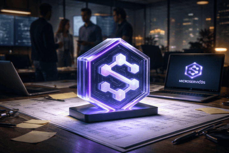 A photorealistic medium-wide cinematic shot, camera positioned approximately 1–2 meters from the subject, capturing a solid 3D isometric acrylic sculpture of the “Microsserviços” brand logo, with clean beveled edges and subtle engraved circuit-like patterns, the logo clearly visible on its front face and echoed smaller on a nearby open laptop screen, clearly readable within a realistic environment. The object integrates subtle electric-purple #7B63FF accents along its edges and internal reflections, indicating intelligence or activity without overpowering realism. Set in a dimly lit tech startup war room at night, the logo resting on a glowing architectural drafting light table, surrounded by laptops, scattered architecture sketches, sticky notes, and softly glowing monitors with blurred system diagrams, with a glass wall revealing a distant city skyline in the background, all wrapped in a restrained tech-noir ambience. With natural human presence in the background and periphery—a diverse team of software engineers and product managers standing and leaning around the table, gesturing and discussing, slightly out of focus so the logo remains the hero object. Lighting is low-key and practical, coming from the drafting table, laptop screens, and a few overhead fixtures, complemented by a soft integrated white spotlight from the side, gently revealing form, texture, and depth on the logo sculpture and tabletop. Cinematic realism, natural shallow-to-medium depth of field, premium materials, ultra-detailed, 8K, no captions, no text overlays, no watermarks.