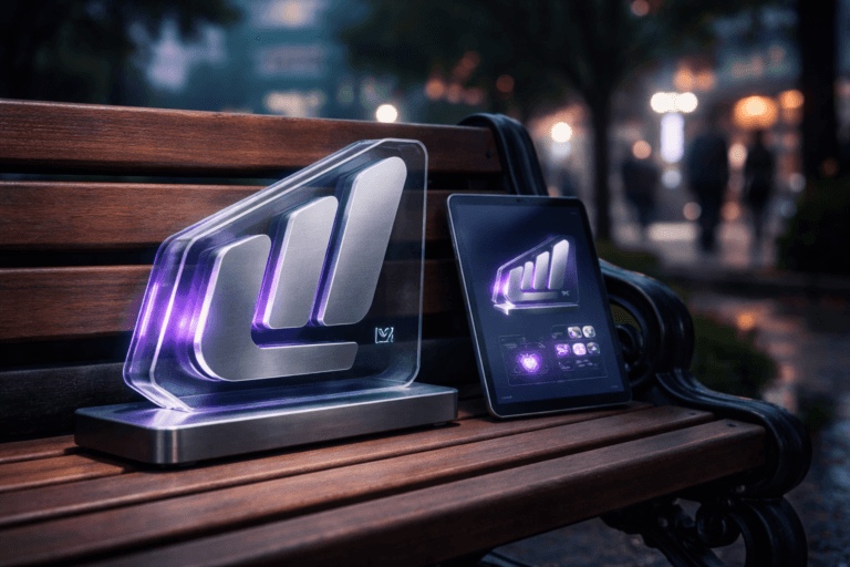 A photorealistic medium-wide cinematic shot, camera positioned approximately 1–2 meters from the subject, capturing a sleek physical 3D isometric sculpture of the Microtransações logo, rendered as a translucent acrylic and brushed-metal emblem resting naturally on a wooden and cast-iron park bench, with the same Microtransações logo subtly visible on a slim tablet screen leaning beside it and small iconography of digital coins and tiny dashboard tiles etched into the surface, clearly readable within a realistic environment. The object integrates subtle electric-purple (#7B63FF) accents indicating intelligence or activity without overpowering realism. Set in a modern urban park at dusk, cool-toned city lights and restrained neon signage in the distance, damp pavement reflecting soft purple and teal highlights, blurred office buildings and a few diverse professionals in business-casual walking along a path behind the bench, providing natural human presence in the background or periphery. Lighting is low-key and practical, coming from distant street lamps and screen glow, complemented by a soft integrated white spotlight from above and slightly to the side, gently revealing form, texture, and depth on the logo sculpture, bench, and tablet. Cinematic realism, neutral corporate color palette with restrained neon accents, natural depth of field, premium materials, ultra-detailed, 8K, no captions, no text overlays, no watermarks.