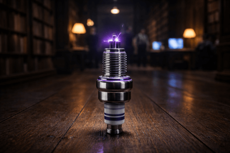A photorealistic medium-wide cinematic shot, camera positioned approximately 1–2 meters from the subject, capturing a highly detailed chrome automotive spark plug resting upright on an aged wooden library floor, a crisp electric-purple #7B63FF spark arcing between its electrodes, metal surfaces, ceramic insulator and precise machining clearly readable within a realistic environment. The object integrates subtle electric-purple accents indicating intelligence or activity without overpowering realism, with the glow of the spark softly reflecting on the polished metal and on the nearby wooden floor. Set in a dim, atmospheric old library with dark wooden floorboards and tall bookcases rising into the background, warm tungsten reading lamps along the aisles and a few modern laptop screens on distant wooden tables casting cool blue and purple tech-noir glows, softly blurred diverse professionals working or browsing the shelves in the periphery to reinforce a lived-in workspace. Lighting is low-key and practical, with pools of warm light from lamps and screens, complemented by a soft integrated white spotlight from above and slightly to the side of the spark plug, gently revealing form, texture, and depth while letting the background fall into moody shadow; natural shallow-to-medium depth of field keeps the spark plug and its electric arc in sharp focus while the library and people recede into a creamy bokeh. Cinematic realism, 35mm–50mm lens look, neutral corporate tones with restrained neon purple accents, premium materials, ultra-detailed, 8K, no text, no UI, no logos, no watermarks.