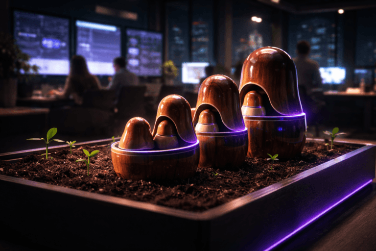 A photorealistic medium-wide cinematic shot, camera positioned approximately 1–2 meters from the subject, capturing a set of glossy wooden matryoshka dolls emerging in sequence from the dark, moist soil of a sleek, shallow rectangular planter box on a modern table, each doll slightly larger than the next and partially opened to reveal the inner ones, clearly readable as the central hero object within a realistic environment. The object integrates subtle electric-purple #7B63FF accents indicating intelligence and activity, with faint neon-purple reflections along the lacquered curves of the dolls, thin data-like lines and light specks glimmering on their surfaces, and a soft purple edge-light along the planter box, without overpowering realism. Set in a dimly lit Tech-Noir marketing war room inside a contemporary Brazilian corporate office at night, with large wall-mounted screens in the background displaying blurred analytics dashboards and social media graphs, glass walls hinting at a neon-tinged city skyline outside, and small green sprouts breaking through the fertile soil around the dolls to suggest growth and scaling, with natural human presence in the background or periphery as softly out-of-focus, diverse marketing professionals collaborating around other workstations and screens. Lighting is low-key and practical, coming from the glow of monitors, a distant city skyline, and a few understated desk lamps, complemented by a soft integrated white spotlight from above and slightly to the side that gently reveals the form, texture, and depth of the matryoshka dolls, the rich grain of the wood, and the contrast between dark soil and fresh green sprouts. Cinematic realism, natural shallow-to-medium depth of field, premium materials, ultra-detailed, 8K, no captions, no text overlays, no watermarks.