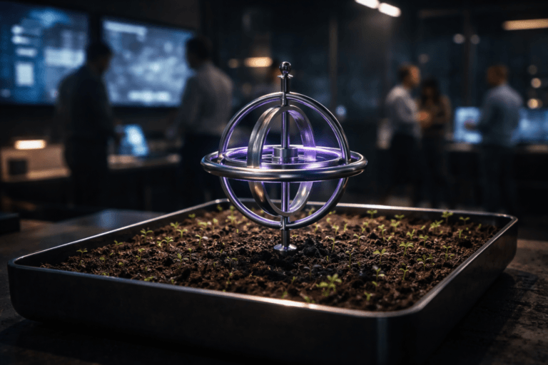 A photorealistic medium-wide cinematic shot, camera positioned approximately 1–2 meters from the subject, capturing a polished metallic tabletop gyroscope spinning in perfect balance, mounted at the center of a shallow rectangular tray filled with rich dark fertile soil and tiny fresh green sprouts, clearly readable within a realistic environment. The object integrates subtle electric-purple (#7B63FF) accents indicating intelligence or activity without overpowering realism, such as a thin luminous ring along the gyroscope’s inner frame and a faint reflective glow on its metallic surfaces. Set in a dimly lit, futuristic media command center at night, with large wall-mounted screens in the background softly out of focus showing abstracted analytics dashboards, glass partitions, distant city lights with restrained neon glow, and a small diverse group of marketing professionals in business-casual attire moving and conferring in the periphery. Lighting is low-key and practical, coming from the screens, a few desk lamps and ceiling strips, complemented by a soft integrated white spotlight from above that gently reveals the gyroscope’s metal textures, the moist soil, and the delicate sprouts, with the background falling into a cool, moody tech-noir ambiance. Cinematic realism, natural shallow-to-medium depth of field, premium materials, ultra-detailed, 8K, no captions, no visible text, no watermarks.