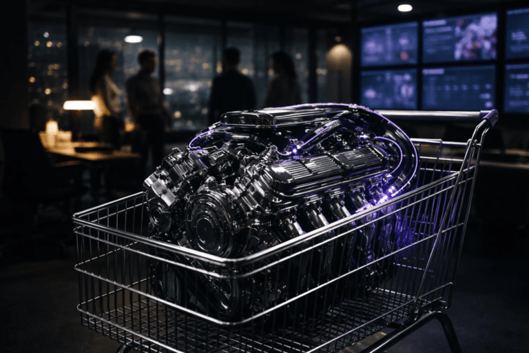A photorealistic medium-wide cinematic shot, camera positioned approximately 1–2 meters from the subject, capturing a polished, real-world chrome V8 engine with visible pistons and hoses, securely mounted inside a sleek chrome wire shopping cart, the “ROI engine” of social commerce, with subtle electric-purple #7B63FF light traces along cables and contours indicating intelligence and activity without overpowering realism, clearly readable within a realistic environment. The object integrates subtle electric-purple accents indicating intelligence or activity without overpowering realism. Set in a dimly lit, high-end corporate marketing war room at night, open-plan office with glass walls, blurred city lights outside, and a wall of large screens in the background displaying softly out-of-focus social media dashboards, graphs and video thumbnails (no legible text), with a diverse group of marketing professionals in business-casual attire standing and discussing in the periphery, naturally candid and slightly out of focus. Lighting is low-key and practical, coming from the glow of the wall screens and a few desk lamps, complemented by a soft integrated white spotlight from above and slightly to the side, gently revealing the metallic texture of the V8 engine and the reflective chrome shopping cart while letting the background fall off into moody shadows. Cinematic realism, 35mm lens look, natural depth of field, premium materials, ultra-detailed, 8K, subtle Tech-Noir color palette with neutral grays, deep shadows, cool blues and restrained electric-purple accents, no captions, no text overlays, no watermarks.