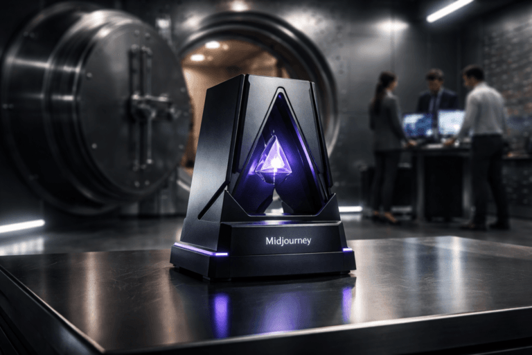 A photorealistic medium-wide cinematic shot, camera positioned approximately 1–2 meters from the subject, capturing a sleek physical hero object representing Midjourney: a compact dark-metal tabletop sculpture with clean geometric forms, premium matte and glass finishes, and the official Midjourney logo subtly engraved and softly backlit on the front face, clearly readable within a realistic environment. The object integrates subtle electric-purple (#7B63FF) accents indicating intelligence or activity without overpowering realism. Set in the interior of a high-security modern bank vault with thick brushed stainless-steel walls and an open circular vault door, discreet floor-level LED strips casting cool reflections, and a minimal temporary fintech work setup nearby, with a few diverse, realistically rendered professionals in business-casual attire in the background discussing screens and equipment, slightly out of focus in the periphery. Lighting is low-key and practical, complemented by a soft integrated white spotlight from above or the side, gently revealing form, texture, and depth. Cinematic realism, natural depth of field, premium materials, ultra-detailed, 8K, no text, no captions, no watermarks.