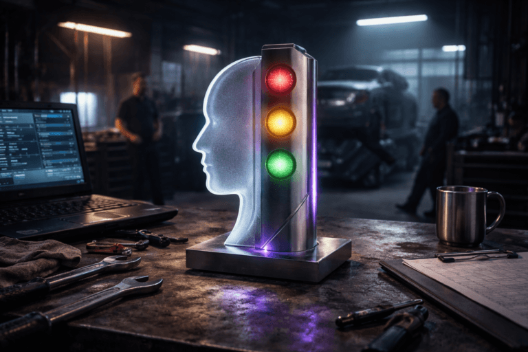 A photorealistic medium-wide cinematic shot, camera positioned approximately 1–2 meters from the subject, capturing a refined real-world hero object: a tangible tabletop sculpture symbolizing “Mindfulness no Trabalho” in high-pressure work, formed by a calm human head silhouette in side profile fused with a vertical traffic-light column glowing softly red, amber, and green, crafted from frosted glass and brushed metal with subtle geometric facets, resting solidly on an oil-stained mechanic’s workbench alongside scattered tools, a diagnostic laptop, a coffee mug and a clipboard, clearly readable within a realistic environment. The object integrates subtle electric-purple (#7B63FF) accents as thin luminous lines and reflections along its edges and base, suggesting intelligence and emotional regulation without overpowering realism. Set in an auto repair shop at night reimagined with a Tech-Noir mood: industrial space with concrete floor, a car lifted in the background, tool cabinets, hanging cables, cool light from diagnostic screens and a distant office window, faint city glow filtering through high windows. Natural human presence appears in the background and periphery, with diverse mechanics in dark work uniforms taking a brief mindful pause—one leaning on a tool chest with relaxed posture and eyes gently closed, another engaged in a calm conversation with a supervisor near the car lift—subtle, candid and secondary to the hero object. Lighting is low-key and practical, coming from overhead industrial lamps, monitor glow and a small task lamp on the bench, complemented by a soft integrated white spotlight from above and slightly to the side that gently reveals the sculpture’s form, texture and depth while letting the workshop recede into a moody blur. Cinematic realism, 35mm–50mm photographic look, natural shallow-to-medium depth of field, premium materials, ultra-detailed, 8K, neutral corporate tones with restrained electric-purple neon accents, no captions, no text overlays, no watermarks.