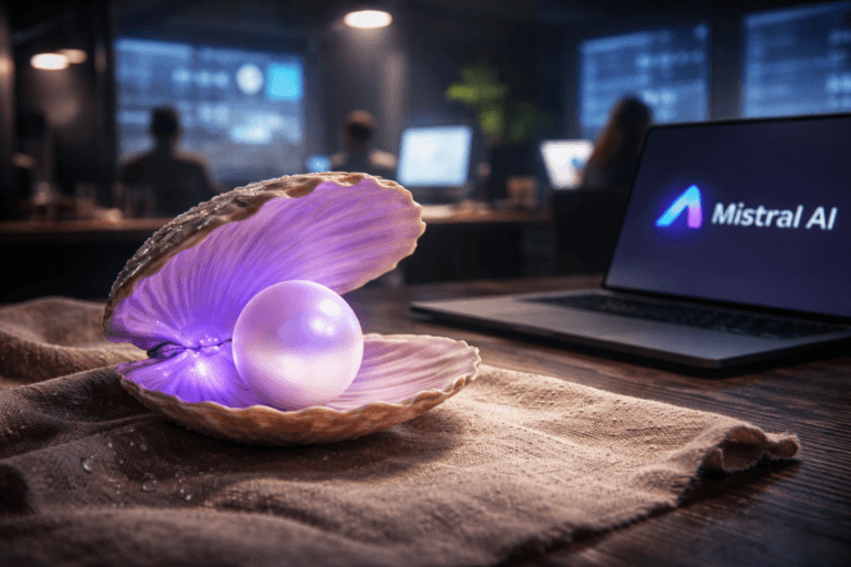 A photorealistic medium-wide cinematic shot, camera positioned approximately 1–2 meters from the subject, capturing a perfectly round luminous pearl nestled inside an open seashell resting on a tabletop covered with raw woven linen fabric, with the official Mistral AI logo clearly but discreetly visible on a nearby laptop screen, the shell and pearl clearly readable within a realistic environment. The object integrates subtle electric-purple accents indicating intelligence or activity without overpowering realism, such as a gentle electric-purple #7B63FF inner glow in the pearl and faint reflections on the shell. Set in a dimly lit, high-end tech war-room office at night, with large wall-mounted screens showing abstract data dashboards and a diverse team of professionals working in the softly blurred background. Lighting is low-key and practical, coming from screens and a few desk lamps, complemented by a soft integrated white spotlight from above and slightly to the side, gently revealing form, texture, and depth on the pearl, shell, and linen surface. Cinematic realism, natural depth of field, premium materials, ultra-detailed, 8K.