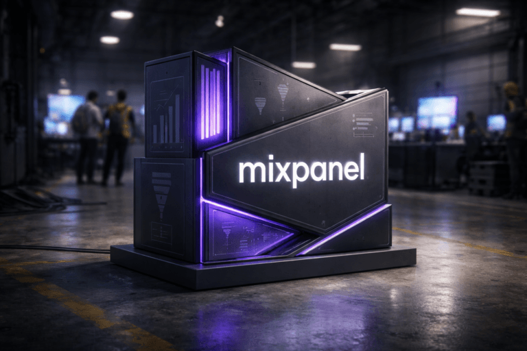 A photorealistic medium-wide cinematic shot, camera positioned approximately 1–2 meters from the subject, capturing a large real-world 3D Mixpanel logo sculpture in isometric style, built from matte dark metal and glass panels with subtle embossed charts and funnel icons, the official Mixpanel logo clearly visible on the front face of the structure, resting solidly on a polished floor, clearly readable within a realistic environment. The object integrates subtle electric-purple (#7B63FF) accents indicating intelligence or activity without overpowering realism, such as thin illuminated edge lines and faint reflections on the glass elements. Set in a moody industrial factory interior on a polished concrete floor with worn yellow safety lines, distant machinery, cable runs, and a few softly glowing control screens casting cool blue and purple light, with natural human presence in the background or periphery as a small group of diverse professionals in smart-casual clothing and discrete safety vests walking and discussing near workstations, slightly out of focus. Lighting is low-key and practical, from overhead industrial fixtures and screen glow, complemented by a soft integrated white spotlight from above and slightly to the side of the Mixpanel sculpture, gently revealing form, texture, and depth. Cinematic realism, natural shallow-to-medium depth of field, premium materials, ultra-detailed, 8K, no captions, no on-screen text, no watermarks.