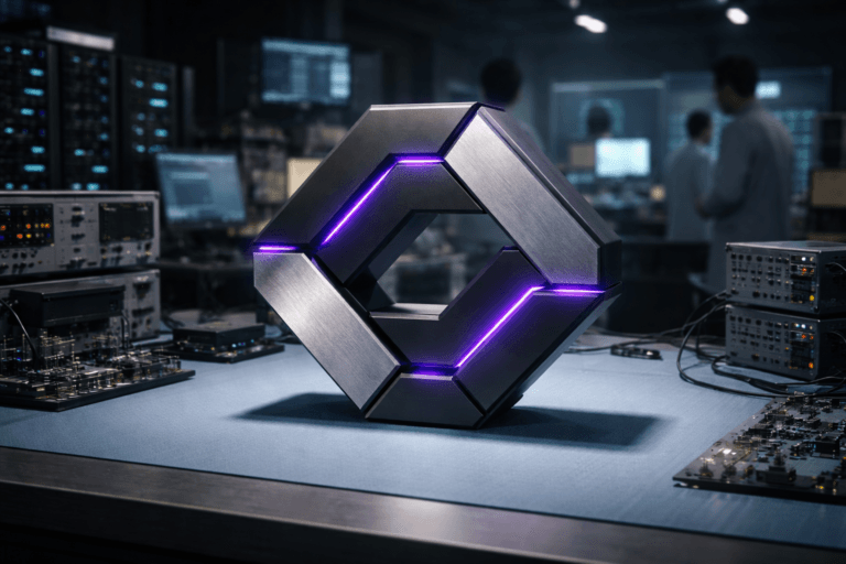 A photorealistic medium-wide cinematic shot, camera positioned approximately 1–2 meters from the subject, capturing a solid 3D isometric-style geometric logo sculpture representing an MLOps platform, made of matte-black and brushed-metal panels with clean beveled edges, resting firmly on a light-blue anti-static hardware lab workbench, surrounded by neatly arranged circuit boards, open laptops, network switches, and precision test instruments, clearly readable within a realistic environment. The object integrates subtle electric-purple (#7B63FF) LED accents tracing along its edges and inner seams, suggesting intelligence and data flow without overpowering realism. Set in a real-world Tech-Noir hardware R&D lab at night, with rows of server racks, oscilloscopes, and large computer monitors in the background emitting cool blue and teal glows; a few diverse engineers in professional but casual technical attire and light lab coats move naturally in the background and at the periphery, slightly out of focus, secondary to the logo sculpture. Lighting is low-key and practical, coming from desk task lamps, monitor light, and soft overhead fixtures, complemented by a gentle integrated white spotlight from above and slightly to the side of the logo sculpture, subtly revealing form, texture, and depth on the metal surfaces and anti-static mat, with realistic reflections and shadows. Cinematic realism, natural shallow-to-medium depth of field, 35mm–50mm lens look, premium materials, ultra-detailed, 8K, no text, no captions, no watermarks.