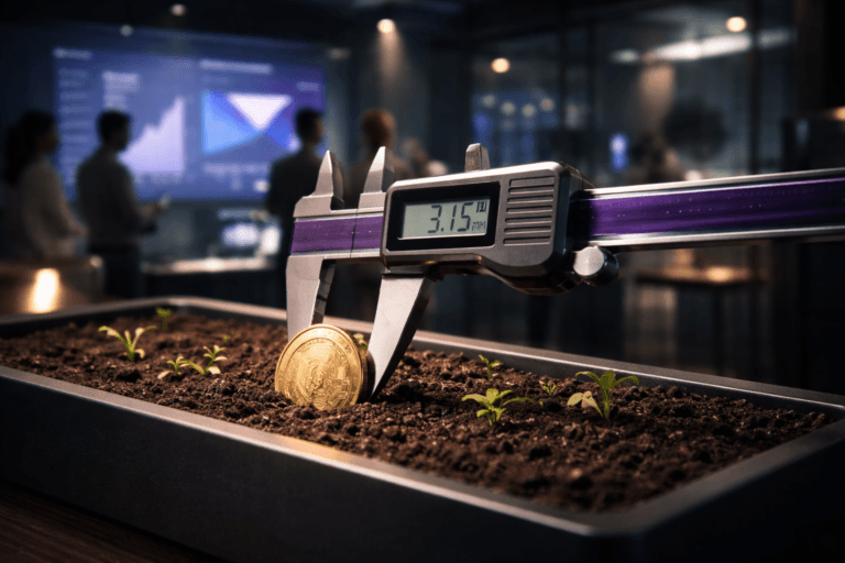 A photorealistic medium-wide cinematic shot, camera positioned approximately 1–2 meters from the subject, capturing a high-end stainless-steel digital caliper delicately measuring the thickness of a stylized gold coin, the coin resting half-embedded in a narrow tray of rich dark fertile soil with a few tiny fresh green sprouts emerging around it, the caliper’s display and precision jaws clearly readable within a realistic environment. The object integrates subtle electric-purple (#7B63FF) accents along the caliper’s edge and faint circuitry-like reflections on the gold coin, suggesting intelligent measurement and mobile analytics activity without overpowering realism. Set in a tech-noir-inspired, ultra-modern mobile analytics command room at night—glass walls, a sleek dark table where the soil tray sits, large wall-mounted screens in the background showing abstracted app dashboards and funnel visualizations in soft neon purples and cool cyans (no readable text), with a small, diverse group of professionals blurred in the periphery as they collaborate and gesture toward the data displays. Lighting is low-key and practical, coming from the glow of the analytics screens, a discreet desk lamp, and a soft integrated white spotlight from above and slightly to the side, gently revealing the texture of the metal caliper, the engraved coin, and the moist soil while leaving the room’s corners in moody shadow. Cinematic realism, natural shallow-to-medium depth of field with the caliper and coin crisply in focus and the people and screens softly blurred, premium materials, ultra-detailed, 8K, neutral corporate color palette with restrained electric-purple accents, no captions, no text overlays, no watermarks.