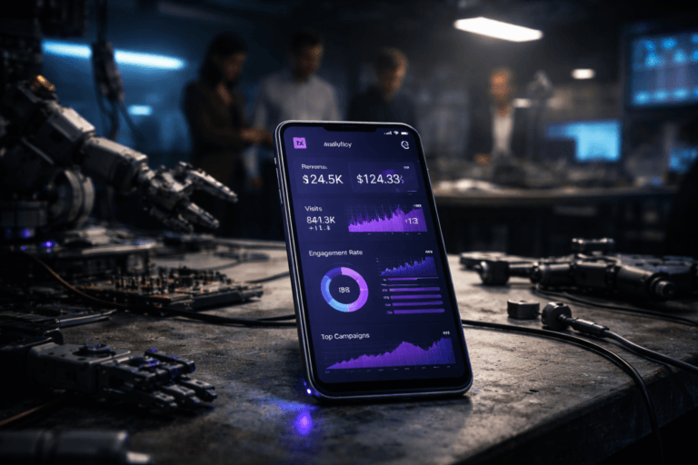A photorealistic medium-wide cinematic shot, camera positioned approximately 1–2 meters from the subject, capturing a modern bezel-less smartphone resting slightly angled on a robotics assembly workbench, its bright screen clearly displaying a live mobile marketing command-center dashboard with multiple KPI charts, graphs and real-time indicators, minimal interface text and a clean, generic analytics app logo in the corner, all housed in a premium metallic and glass body with subtle electric-purple #7B63FF accents pulsing around key UI elements and a faint glow along the phone’s edge, clearly readable within a realistic environment. The object integrates subtle electric-purple accents indicating intelligence or activity without overpowering realism. Set in a dimly lit robotics lab at night, the cluttered workbench covered with scattered precision tools, circuit boards, robotic arm components and cables, with large monitors and LED strips casting cool blue and purple reflections; in the background, slightly out of focus, a diverse group of professionals in smart-casual attire (engineers and marketers) stand and lean around the table, naturally interacting and occasionally glancing toward the smartphone as if it were the central control hub. Lighting is low-key and practical, coming from the smartphone screen, nearby monitors and a few overhead industrial lamps, complemented by a soft integrated white spotlight from above and slightly to the side, gently revealing the textures of metal, glass and worn workbench wood while keeping the surroundings moody and tech-noir. Cinematic realism, natural shallow-to-medium depth of field, 35–50mm photographic look, neutral corporate tones with restrained neon purple accents, premium materials, ultra-detailed, 8K, no captions, no text overlays, no watermarks.