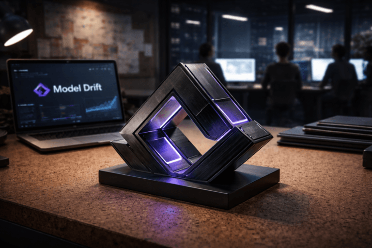 A photorealistic medium-wide cinematic shot, camera positioned approximately 1–2 meters from the subject, capturing a physical 3D isometric sculpture of the Model Drift logo as the hero object, crafted in matte black and brushed dark metal with subtle translucent panels, resting on a natural cork-surfaced desktop with the official Model Drift logo also visible on a nearby laptop screen running a softly blurred analytics dashboard, clearly readable within a realistic environment. The object integrates subtle electric-purple (#7B63FF) edge lighting and fine circuit-like accents indicating intelligence or activity without overpowering realism. Set in a dimly lit, late-evening marketing analytics war room in a modern open-plan office, featuring a large textured cork wall used as a strategy board in the background, soft-glowing monitors with model-performance charts, glass partitions, and distant city lights outside a window, with natural human presence in the background and periphery as diverse marketing and data professionals collaborate around screens in candid, professional poses. Lighting is low-key and practical from monitors, desk lamps, and the window glow, complemented by a soft integrated white spotlight from above and slightly to the side, gently revealing form, texture, and depth on the cork, metal, and glass surfaces. Cinematic realism, natural depth of field, premium materials, ultra-detailed, 8K, subtle Tech-Noir color palette with neutral grays, deep blues, and restrained electric-purple accents, no captions, no text overlays other than the Model Drift logo, no watermarks.