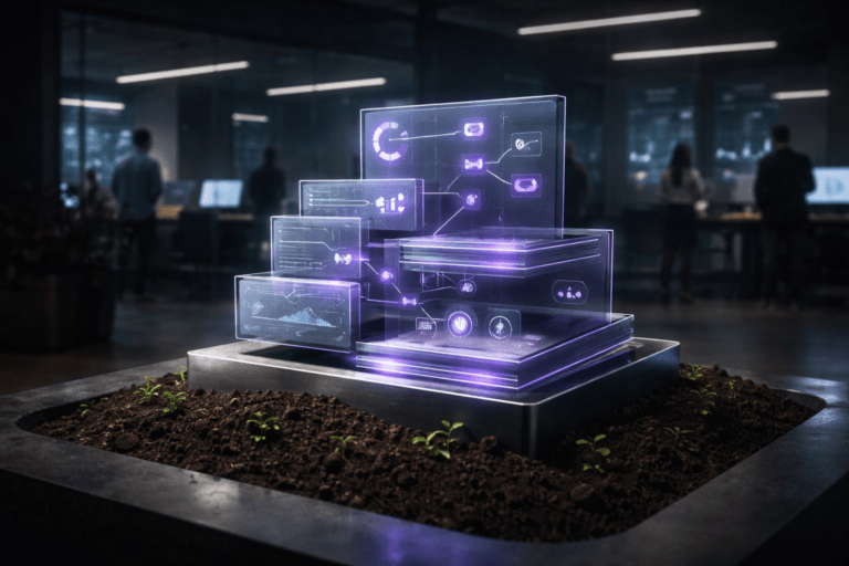 A photorealistic medium-wide cinematic shot, camera positioned approximately 1–2 meters from the subject, capturing a physical centerpiece composed of sleek semi-transparent glass and brushed-metal panels arranged as layered 3D isometric UI tiles, forming a harmonious dashboard-like structure that clearly represents organized interface elements and attribution flows, the hero object resting on a recessed island of rich dark fertile soil with small green sprouts emerging around its base inside a modern analytics studio, all clearly readable within a realistic environment. The object integrates subtle electric-purple (#7B63FF) accent glows along panel edges, connection lines, and soft interface highlights, indicating intelligence and real-time activity without overpowering the grounded, tactile materials. Set in a moody tech-noir product analytics and UX war-room, with polished concrete floors, dark walls, glass partitions, and a panoramic night city skyline beyond, faint neon reflections on the windows, designers and product managers in diverse, professional smart-casual attire moving naturally and collaborating in the background walkways while remaining slightly out of focus. Lighting is low-key and practical, coming from overhead linear ceiling lights, nearby computer monitors, and the hero dashboard itself, complemented by a soft integrated white spotlight from above and slightly to the side, gently revealing the form, texture, soil, and sprouts while casting subtle shadows that emphasize depth. Cinematic realism, 35mm or 50mm lens look, natural shallow-to-medium depth of field, neutral corporate palette with restrained electric-purple accents, premium materials, ultra-detailed, 8K, no captions, no visible text or UI copy, no watermarks.