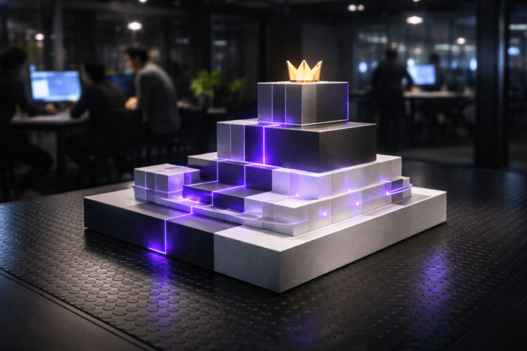 A photorealistic medium-wide cinematic shot, camera positioned approximately 1–2 meters from the subject, capturing a stylized but physically real tabletop sculpture representing the freemium model: an isometric 3D geometric structure made of stacked translucent acrylic and matte metal blocks forming a broad lower tier feeding into a smaller elevated premium tier, with clean neutral corporate tones (soft whites, charcoals, muted grays) and precise electric-purple (#7B63FF) edge accents suggesting data flow, scale and upgrade, clearly readable within a realistic environment. The object integrates subtle electric-purple accents indicating intelligence or activity without overpowering realism. Set in a modern tech office at night with a black anti-slip coin-pattern rubber floor (piso moeda) under the sculpture, cool reflections from nearby screens on the rubber surface, distant glass partitions, softly glowing monitors and server LEDs, and slightly blurred diverse professionals in business-casual attire collaborating around laptops in the background, with natural human presence in the background or periphery. Lighting is low-key and practical, coming from computer screens, a few desk lamps and a soft integrated white spotlight from above and slightly to the side, gently revealing the sculpture’s form, texture and depth while letting the environment fall into moody tech-noir shadows. Cinematic realism, natural shallow-to-medium depth of field, 35mm–50mm lens look, premium materials, ultra-detailed, 8K, no text, no captions, no watermarks.