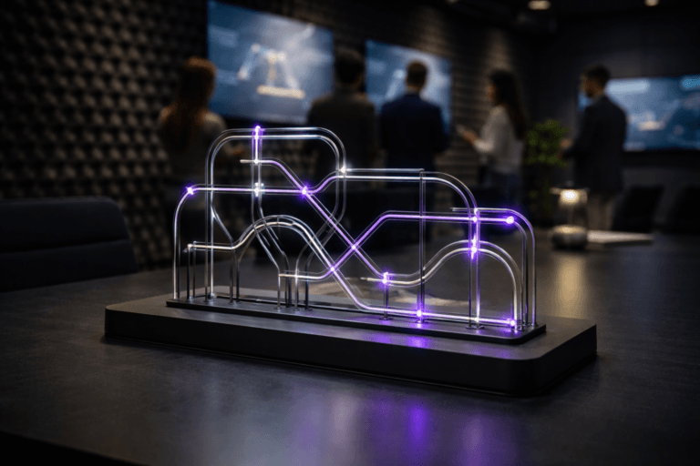 A photorealistic medium-wide cinematic shot, camera positioned approximately 1–2 meters from the subject, capturing a sleek, desk-sized physical sculpture representing a mental model: a premium glass and brushed-metal 3D structure of intertwined subway lines and glowing nodes, like a miniature metro map rising from a matte black base, with clean geometric arcs and junctions clearly readable as the hero object in frame. The sculpture integrates subtle electric-purple (#7B63FF) LED accents running along select lines and around a few key nodes, suggesting intelligence and data flow without feeling sci‑fi or exaggerated. Set in a modern tech-noir marketing war-room, with a dark charcoal acoustic-foam wall in the background in pronounced egg-crate “caixa de ovo” texture, a long black conference table beneath the sculpture, and softly blurred wall-mounted screens showing abstracted analytics and journey maps without legible text. Natural human presence appears in the periphery: a diverse group of marketing professionals in muted attire, slightly out of focus, standing and gesturing near the foam-covered wall as if discussing strategy, lit by the cool glow of screens and table lamps. Lighting is low-key and practical, mixing the bluish ambient spill from monitors with a soft integrated white spotlight from above and slightly to the side, gently revealing the sculpture’s glass reflections, metal edges, and the tactile relief of the acoustic foam. Cinematic realism, 35mm lens look, natural shallow-to-medium depth of field, neutral corporate color palette with restrained neon purple and cyan accents, subtle reflections on polished surfaces, premium materials, ultra-detailed, 8K, no captions, no text overlays, no watermarks, no visible logos.