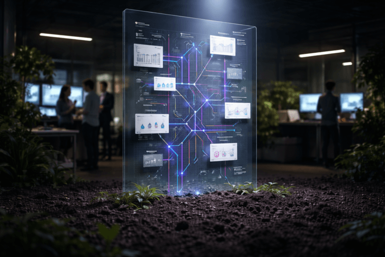 A photorealistic medium-wide cinematic shot, camera positioned approximately 1–2 meters from the subject, capturing a large, vertically oriented transparent glass interface panel rising from a bed of dark fertile soil, its surface structured into a harmonious 3D isometric composition of UI cards, charts, and multicolored metro-map-like lines and nodes representing user journeys and attribution models, with subtle electric purple #7B63FF accents pulsing along key paths among neutral whites, greys, and muted blues, clearly readable within a realistic environment. The object integrates subtle electric-purple accents indicating intelligence or activity without overpowering realism. Set in a dim hybrid tech lab and indoor greenhouse at night, with the soil floor extending across the foreground and small fresh green sprouts emerging around the base of the panel, surrounded by sleek metal and glass workstations, softly glowing monitors, and distant racks of equipment, while a few diverse professionals in business-casual attire appear in soft focus in the background, candidly discussing data near secondary displays, their presence clearly secondary to the hero object. Lighting is low-key and practical, coming from monitor glow, discreet overhead linear LEDs, and a few desk lamps, complemented by a soft integrated white spotlight from above and slightly to the side of the glass panel, gently revealing the texture of the soil, the delicate sprouts, and the polished glass and metal surfaces, with a natural shallow-to-medium depth of field separating the hero object from the environment and reinforcing a subtle Tech-Noir mood. Cinematic realism, natural depth of field, premium materials, ultra-detailed, 8K, no captions, no text overlays, no watermarks.