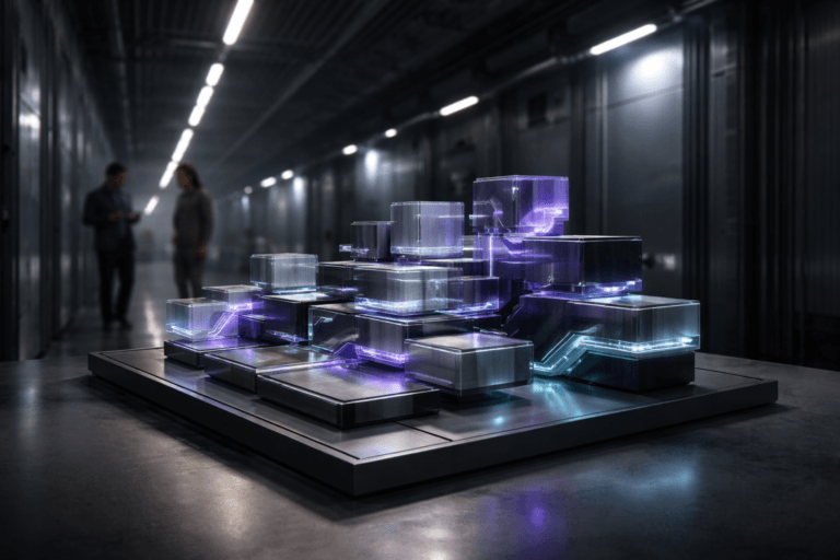 A photorealistic medium-wide cinematic shot, camera positioned approximately 1–2 meters from the subject, capturing a sleek physical tabletop sculpture that represents AI-powered business models: interlocking translucent acrylic and brushed-metal blocks arranged as a three-dimensional business model canvas, layered platforms and pathways suggesting data, training and inference flows, with fine embedded LED lines and subtle motion-like reflections, clearly readable within a realistic environment. The object integrates subtle electric-purple #7B63FF accents indicating intelligence or activity without overpowering realism, balanced with neutral greys, charcoal and soft cyan highlights. Set in a clean, illuminated metallic ventilation tunnel inside a modern data center or smart industrial facility, with ribbed metal walls, visible ducts, cable conduits and linear LED strips receding into the background; a couple of diverse professionals in smart casual attire, softly out of focus, walk or pause in the distance, one holding a tablet and briefly glancing toward the sculpture, adding natural human presence in the periphery. Lighting is low-key and practical, coming from the tunnel’s ceiling strips and equipment glow, complemented by a soft integrated white spotlight from above and slightly to the side that gently reveals the sculpture’s form, reflections, and material textures while letting the far end of the tunnel fall into moody shadow. Cinematic realism, 35mm lens look, natural shallow-to-medium depth of field, premium materials, ultra-detailed surfaces, subtle Tech-Noir atmosphere with restrained neon reflections, 8K, no text, no UI, no watermarks.