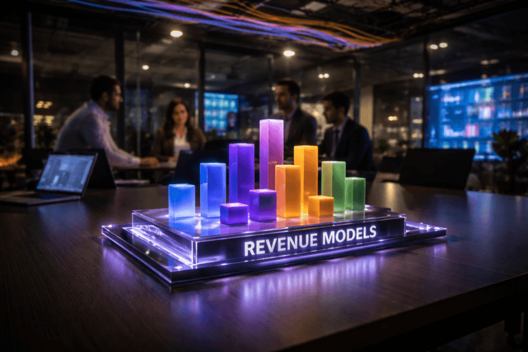 A photorealistic medium-wide cinematic shot, camera positioned approximately 1–2 meters from the subject, capturing a tangible, stylized “revenue models” hero object clearly readable within a realistic environment: a premium acrylic chessboard-like grid placed at the center of a sleek meeting-room table, with solid, color‑coded 3D blocks and vertical towers representing different revenue streams, softly illuminated from within by subtle electric‑purple #7B63FF accents that suggest intelligent, dynamic cash flows while remaining grounded in physical realism. The object integrates subtle electric-purple accents indicating intelligence or activity without overpowering realism. Set in a dimly lit glass-walled planning room inside a Brazilian tech scale-up office at night, with an exposed industrial ceiling and a cable-management tray overhead full of neatly organized, brightly colored network cables running in parallel lines, some cables carrying a faint electric-purple glow, laptop screens and a large wall display casting cool blue and violet reflections on the table; a diverse group of realistic professionals in business-casual attire are present in the background and periphery, slightly out of focus, engaged in a planning discussion around the table without overshadowing the hero object. Lighting is low-key and practical, coming from laptop screens, a distant window with city lights, and a few ceiling fixtures, complemented by a soft integrated white spotlight from above and slightly to the side that gently reveals the sculpture’s form, reflections, and texture, as well as the structure of the cable tray above, creating depth and subtle Tech-Noir contrast. Cinematic realism, natural depth of field, shot on a 35mm lens look, neutral corporate color palette with restrained neon purple accents, premium materials, ultra-detailed, 8K, no captions, no text overlays, no watermarks.