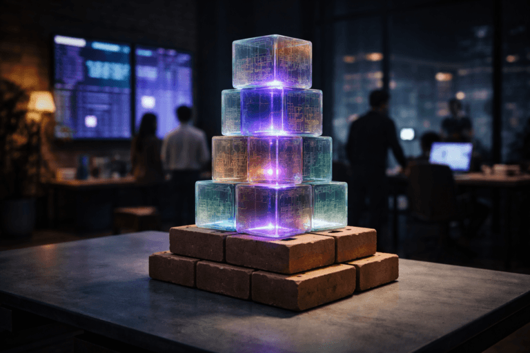 A photorealistic medium-wide cinematic shot, camera positioned approximately 1–2 meters from the subject, capturing a precise stack of semi-translucent glass “data” cubes in muted, saturated colors, each with subtle circuit-like patterns, carefully organized into a geometric tower resting on top of neatly piled clay construction bricks placed on a sleek concrete desk, clearly readable as the hero object within a realistic environment. The object integrates subtle electric-purple (#7B63FF) accents and internal LED-like glows along the cube edges and seams, indicating intelligent data flow and activity without overpowering realism. Set in a dimly lit, tech-noir marketing war room inside a modern office at night, with exposed brick, large wall-mounted screens showing abstract dashboards and charts (no readable text), glass walls revealing a distant city skyline, and a small, diverse group of professionals in smart-casual attire collaborating in the background and periphery, some standing by the screens and others seated at laptops, all slightly out of focus so the cubes remain dominant. Lighting is low-key and practical, driven by the cool glow of the screens, soft reflections on the glass cubes, and a gentle integrated white spotlight from above and slightly to the side, subtly illuminating the cubes and construction bricks and revealing their material texture, edges, and depth while leaving the rest of the room in moody shadow. Cinematic realism, natural shallow-to-medium depth of field, 35mm–50mm photographic look, premium materials, ultra-detailed, 8K, no captions, no text overlays, no watermarks.