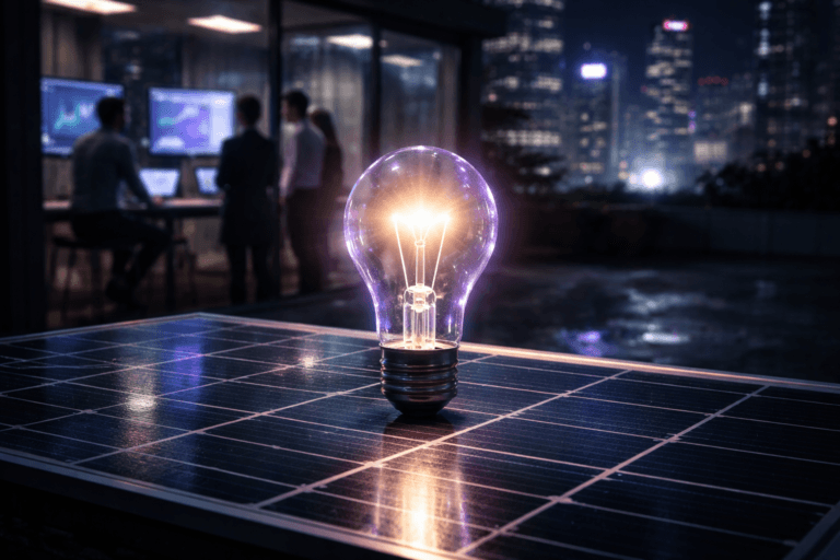 A photorealistic medium-wide cinematic shot, camera positioned approximately 1–2 meters from the subject, capturing a realistic incandescent light bulb standing upright on a dark blue photovoltaic solar panel with silver grid lines, the glass bulb glowing intensely with subtle pulsating light rays and refined electric-purple (#7B63FF) highlights to suggest intelligent, data-driven energy, clearly readable within a realistic environment. The object integrates subtle electric-purple accents indicating intelligence or activity without overpowering realism. Set in a moody urban rooftop solar installation at night, overlooking a futuristic city skyline with soft neon reflections, adjacent to a glass-walled tech office where a small, diverse group of professionals in smart-casual attire review app analytics dashboards on laptops and wall-mounted screens in the background, their presence candid, neutral, and slightly out of focus so the bulb and solar panel remain the hero. Lighting is low-key and practical, coming from the glowing bulb, faint building signage, and the interior office screens, complemented by a soft integrated white spotlight from the side, gently revealing form, texture, and depth on the bulb, the solar panel surface, and surrounding materials, with subtle rain-slick reflections enhancing the Tech-Noir atmosphere. Cinematic realism, natural depth of field, premium materials, ultra-detailed, 8K, neutral corporate tones with restrained electric-purple neon accents, no captions, no text overlays, no watermarks.